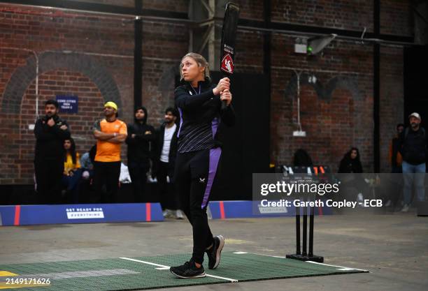 Heather Knight bats in the Celebrity & Influencer Invitational Match during the ECB Tape Ball Showcase on April 18, 2024 in Birmingham, England.