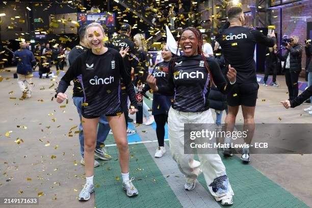 Jess Watkins and Jasmine Boatswain celebrates after the Celebrity & Influencer Invitational Match during the ECB Tape Ball Showcase on April 18, 2024...