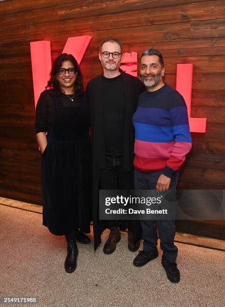 Indhu Rubasingham, Richard Twyman and Amit Sharma attend the press night after party for "The Ballad Of Hattie And James" at the Kiln Theatre on...