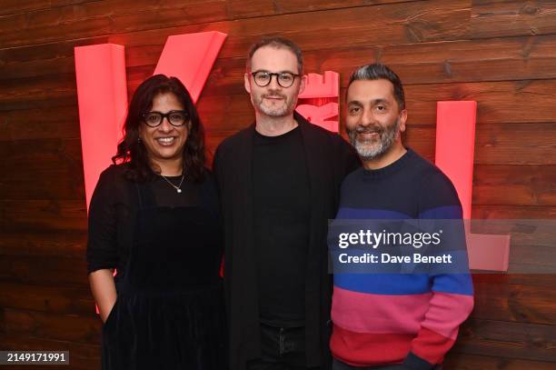 Indhu Rubasingham, Richard Twyman and Amit Sharma attend the press night after party for "The Ballad Of Hattie And James" at the Kiln Theatre on...