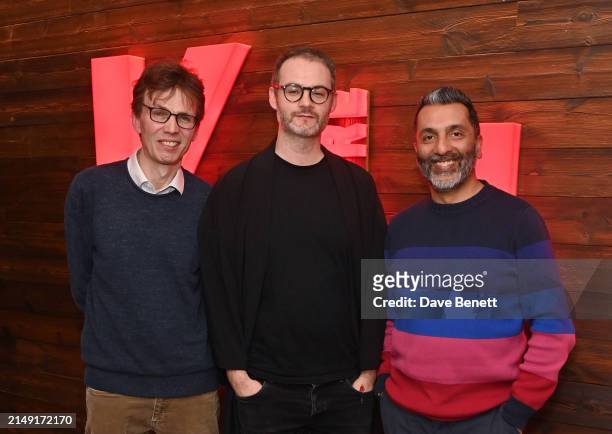 Samuel Adamson, Richard Twyman and Amit Sharma attend the press night after party for "The Ballad Of Hattie And James" at the Kiln Theatre on April...