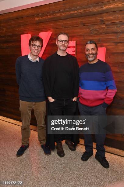 Samuel Adamson, Richard Twyman and Amit Sharma attend the press night after party for "The Ballad Of Hattie And James" at the Kiln Theatre on April...