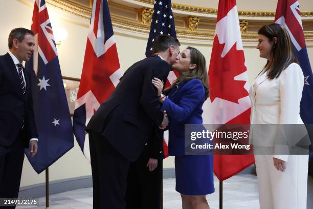 Chancellor of the Exchequer Jeremy Hunt of the United Kingdom greets Deputy Prime Minister and Finance Minister Chrystia Freeland of Canada as...