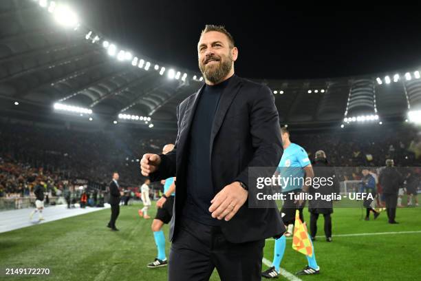 Daniele De Rossi, Head Coach of AS Roma, looks on after victory over AC Milan during the UEFA Europa League 2023/24 Quarter-Final second leg match...