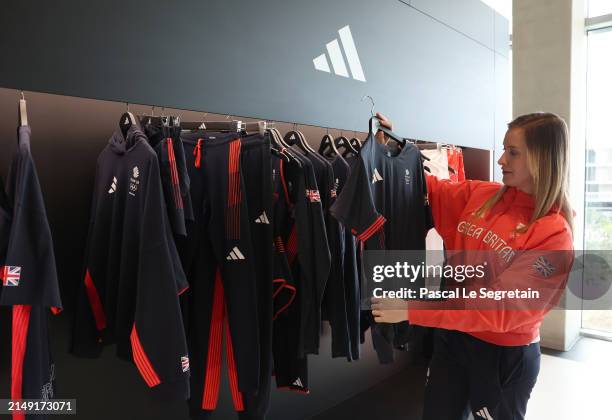 World-class athlete Charlotte Worthington captured here viewing the new adidas kits for Team GB at Paris 2024. All adidas Paris 2024 kits were...