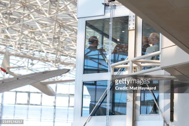 Crown Prince Haakon of Norway waits in a stalled elevator during a visit to the Museum of Flight on April 18, 2024 in Tukwila, Washington, United...