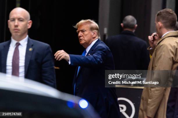 Former President Donald Trump arrives at Trump Tower on April 18, 2024 in New York City. On the third day of jury selections, 12 prospective jurors...