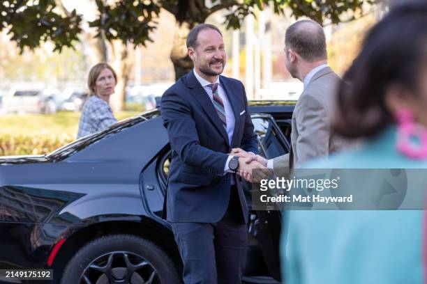 Crown Prince Haakon of Norway , is greeted by museum president and CEO Matt Hayes upon arrival at the Museum of Flight on April 18, 2024 in Tukwila,...