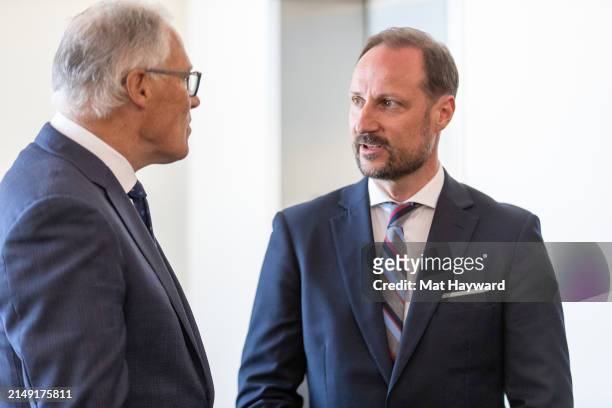 Washington Governor Jay Inslee and Crown Prince Haakon of Norway speak at the Museum of Flight on April 18, 2024 in Tukwila, Washington, United...