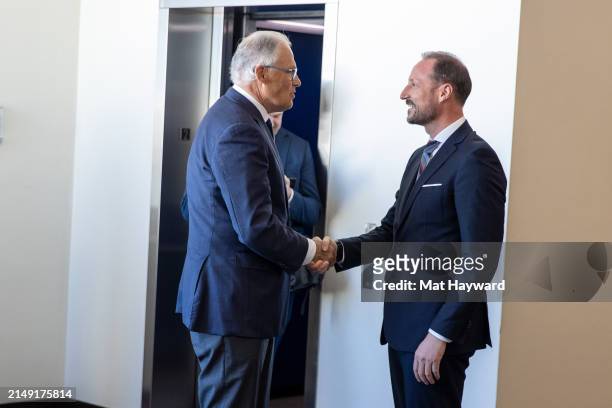 Washington Governor Jay Inslee and Crown Prince Haakon of Norway shake hands during a visit to the Museum of Flight on April 18, 2024 in Tukwila,...