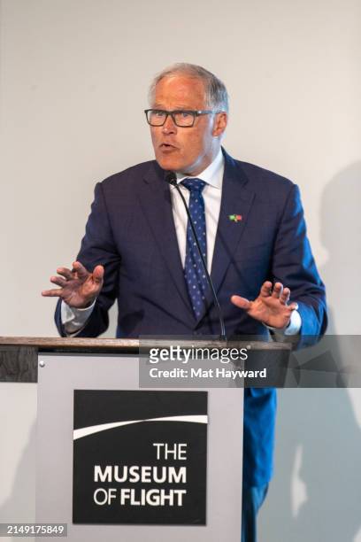 Washington Governor Jay Inslee speaks as Crown Prince Hakoon of Norway visits the United States at the Museum of Flight on April 18, 2024 in Tukwila,...