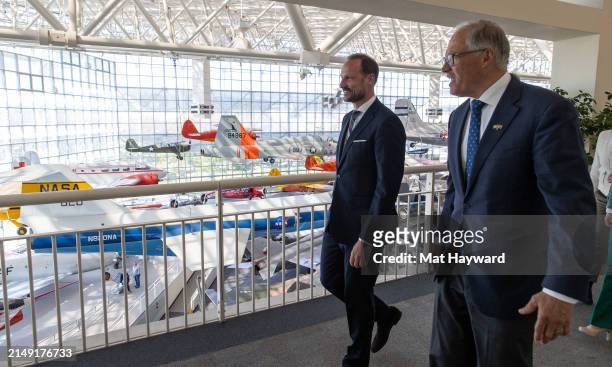 Crown Prince Haakon of Norway and Washington Governor Jay Inslee walk and talk at the Museum of Flight on April 18, 2024 in Tukwila, Washington,...