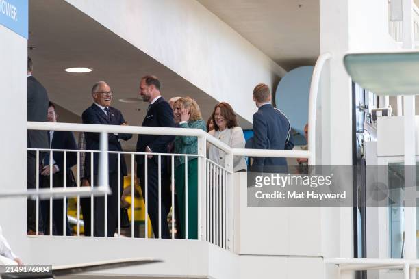 Washington Governor Jay Inslee speaks with Crown Prince Haakon of Norway at the Museum of Flight on April 18, 2024 in Tukwila, Washington, United...