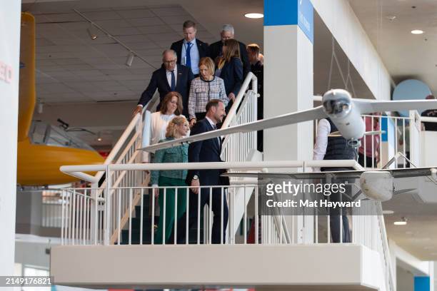 Crown Prince Haakon walks down stairs after waiting in a stalled elevator at the Museum of Flight on April 18, 2024 in Tukwila, Washington, United...