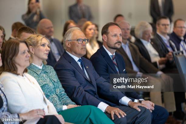 Washington Governor Jay Inslee and Crown Prince Haakon of Norway attend a panel discussion at the Museum of Flight on April 18, 2024 in Tukwila,...
