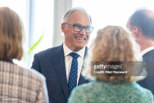 Washington Governor Jay Inslee speaks with Crown Prince Haakon of Norway at the Museum of Flight on April 18, 2024 in Tukwila, Washington, United...
