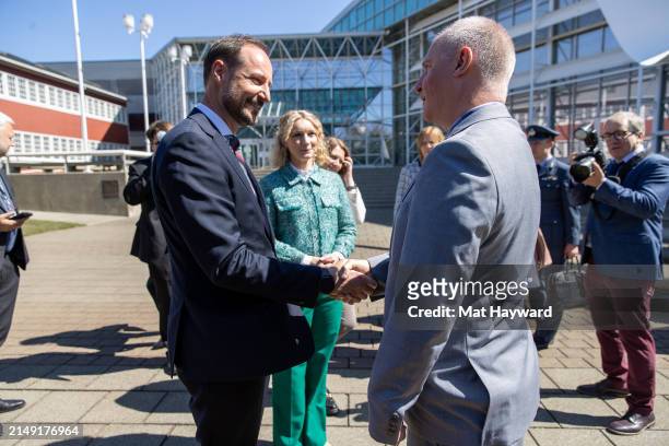 Crown Prince Haakon of Norway shakes hands with Viggo Forde before departing at the Museum of Flight on April 18, 2024 in Tukwila, Washington, United...