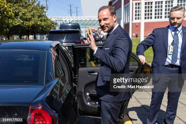 Crown Prince Haakon of Norway waves goodbye as he leaves the Museum of Flight on April 18, 2024 in Tukwila, Washington, United States.