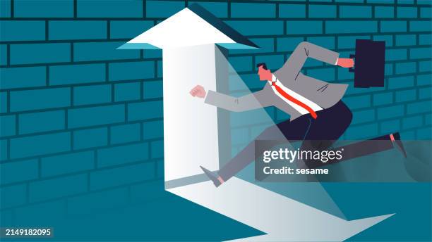 opportunities for success or development, finding new exits, discovering new opportunities, businessmen running in the dark finding exits in the shape of glowing arrows - exit strategy stock illustrations