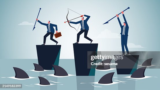 Problem solving and troubleshooting, wrestling with setbacks and risks, determination and courage to overcome obstacles and succeed, businessmen standing on rocks in the ocean with bows and arrows and spears against sharks Problem solving and troubleshooting, wrestling with setbacks and risks, determination and courage to overcome obstacles and succeed, businessmen standing on rocks in the ocean with bows and arrows and spears against sharks