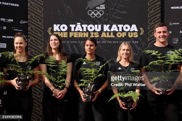 Olivia McTaggert, Eliza McCartney, Zoe Hobbs, Camille French and Connor Bell during a New Zealand Paris 2024 Athletics Selection Announcement at AUT...