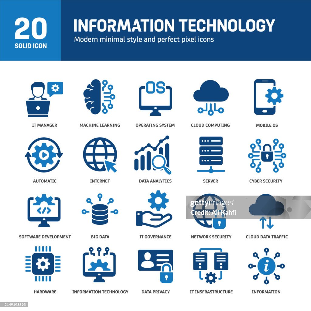 Information technology glyph solid icons. Containing computing, server, OS, internet, network, security solid icons collection. Vector illustration. For website design, logo, app, template, ui, etc.