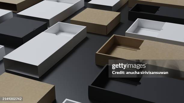 long flat empty box for mobile phone on matte black background. - rectangle box render stock pictures, royalty-free photos & images