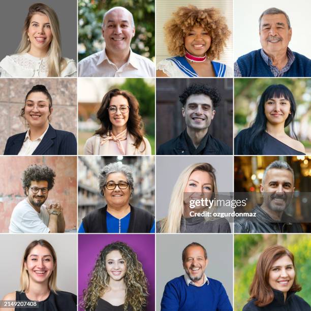 headshot-porträts von verschiedenen lächelnden echten menschen - mosaik stock-fotos und bilder