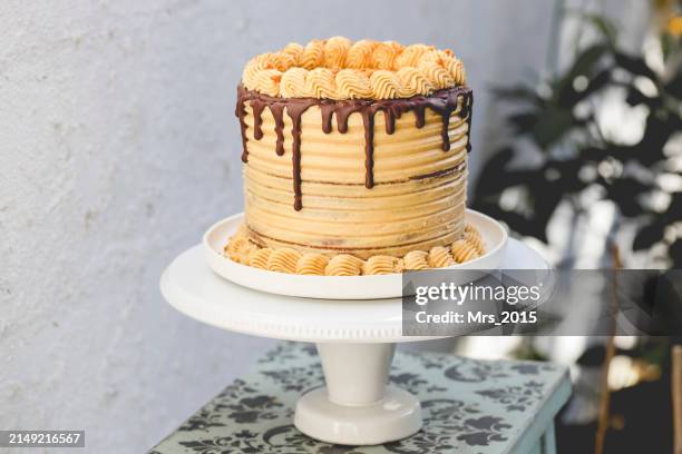 close-up of a chocolate and cookie sponge layer cake with buttercream frosting on a cakestand - cakestand stock pictures, royalty-free photos & images