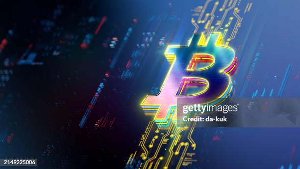fond de concept de crypto-monnaie et de portefeuilles numériques. icône futuriste du bitcoin dans le monde du progrès technologique et de l’innovation. rendu 3d cgi - crypto monnaie photos et images de collection