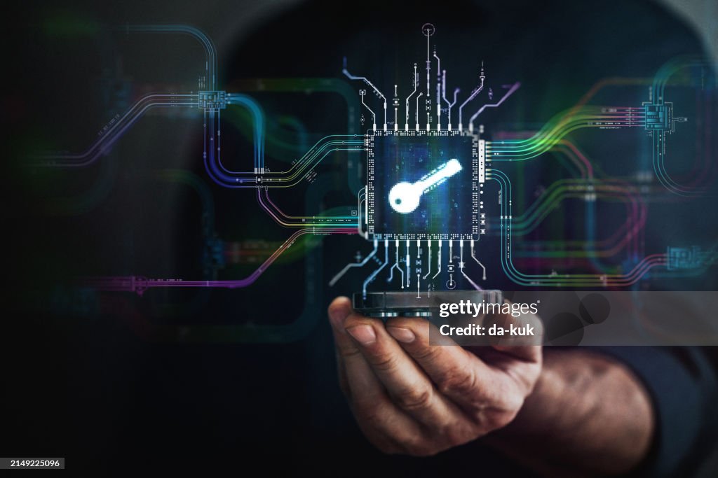 Digital key authentication concept. Digital security and data safety evolution background