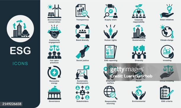 illustrations, cliparts, dessins animés et icônes de collection d’icônes solides esg. développement durable, environnement, social, gouvernance, investissement éthique, énergie renouvelable, diversité, responsabilité d’entreprise, changement climatique, transparence, bien-être des employés - développement durable