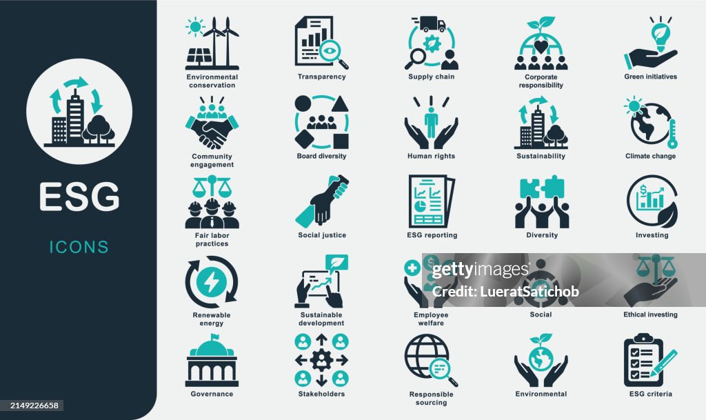 Collezione di icone solide ESG. Sostenibilità, Ambientale, Sociale, Governance, Investimenti etici, Energie rinnovabili, Diversità, Responsabilità d'impresa, Cambiamento climatico, Trasparenza, Welfare dei dipendenti