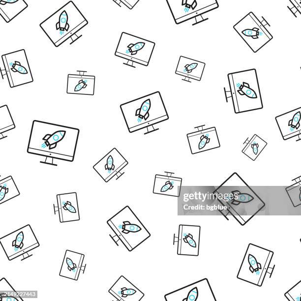 desktop computer with rocket. seamless pattern. line icons on white background - desktop screen background stock illustrations