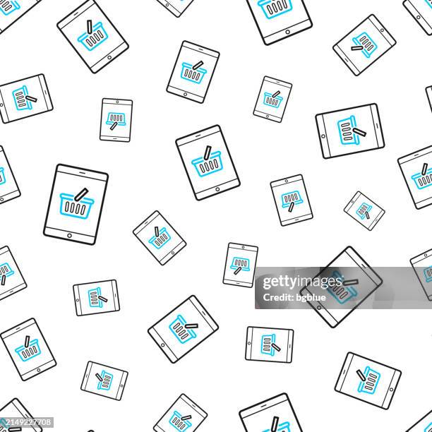 tablet pc with shopping basket. seamless pattern. line icons on white background - counter background stock illustrations