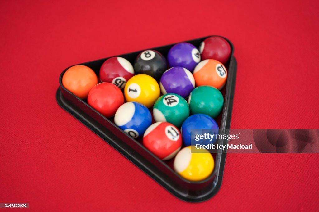 Some shots of a pool table (snooker) and its balls and pool cue (billard cue)