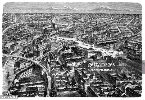 historical aerial view of berlin, germany - berlin museum island stock illustrations