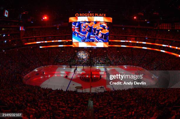 General view of the ice surface during the Canadian national anthems ahead of Game One of the First Round of the 2024 Stanley Cup Playoffs between...