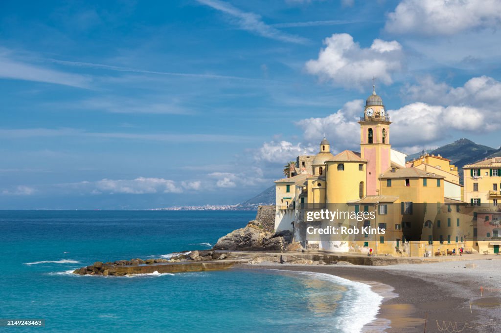 Camogli beach with Castle and Basilica di Santa Maria Assunta near Genoa and Portofino