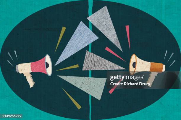 two megaphones arguing with speech bubbles and graphic symbols in between them - fighting stock pictures, royalty-free photos & images