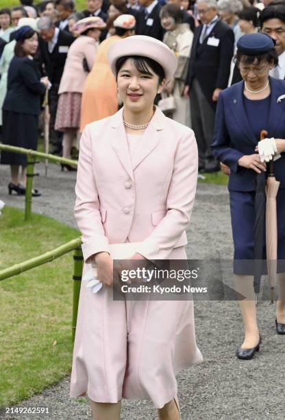 Japanese Princess Aiko attends a spring imperial garden party at the Akasaka Imperial Gardens in Tokyo on April 23, 2024.