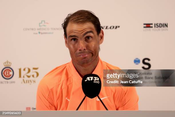 Rafael Nadal of Spain press conference following his second round defeat against Alex de Minaur of Australia on day 3 of the Barcelona Open Banc...