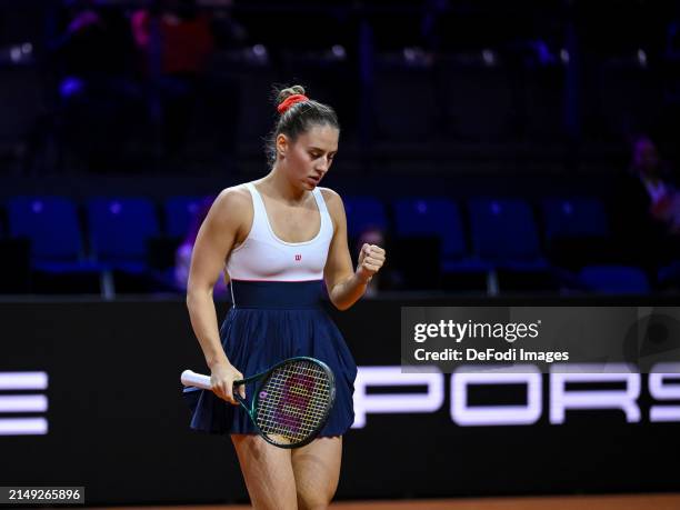 Marta Kostyuk of Ukraine gestures at the match between Qinwen Zheng of China vs Marta Kostyuk of Ukraine during day four of the Porsche Tennis Grand...