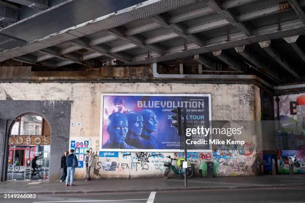Blue Man Group Blue Revolution billboard poster at London Bridge on 10th April 2024 in London, United Kingdom. Blue Man Group is an American...