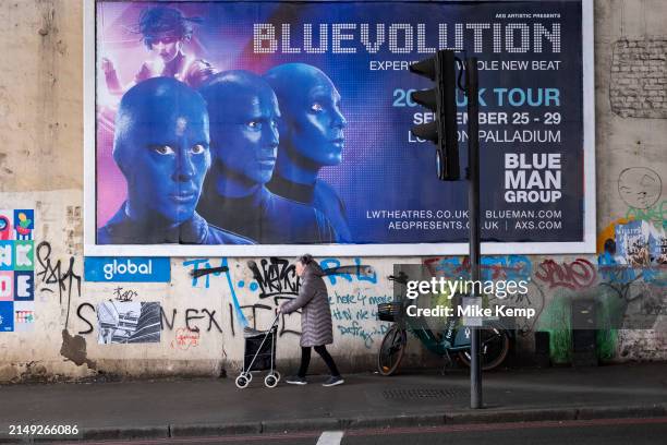 Blue Man Group Blue Revolution billboard poster at London Bridge on 10th April 2024 in London, United Kingdom. Blue Man Group is an American...