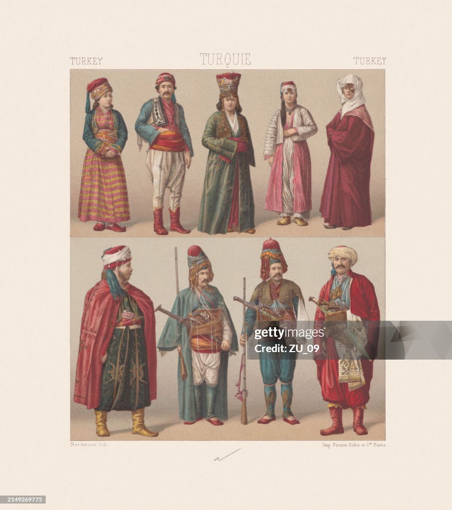 Folk costumes from Ottoman Empire (Turkye), chromolithograph, published in 1888