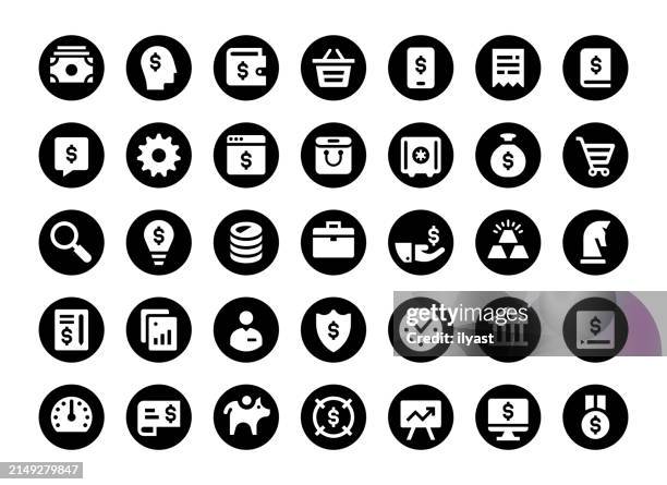 black & white minimal icon set for financial technologies - internet banking eps stock illustrations