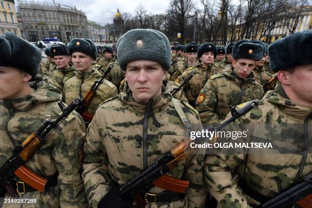 Russian military cadets take part in a rehearsal of next May 9's 79th anniversary military parade celebrating Soviet Union's victory over Nazi...