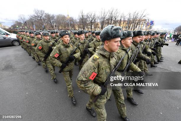 Russian military cadets take part in a rehearsal of next May 9's 79th anniversary military parade celebrating Soviet Union's victory over Nazi...