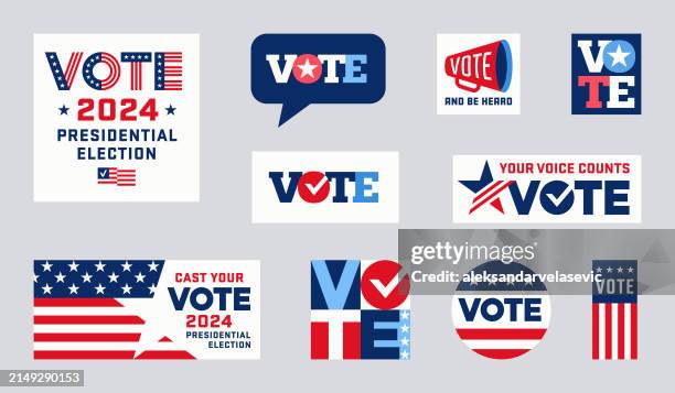 ilustraciones, imágenes clip art, dibujos animados e iconos de stock de insignias y pancartas de las elecciones presidenciales de vote 2024 - votaciones